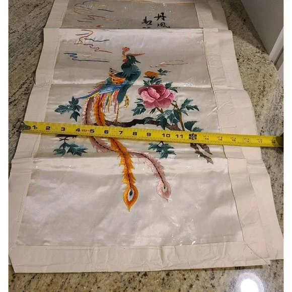Vintage Silk Embroidered Asian Bird Duck Peacock Art Picture. Set of 2 - Picture 10 of 12